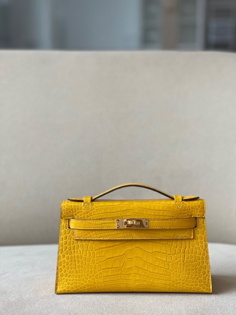 Hermes Kelly Pochette Clutch Bag Shiny Yellow Alligator