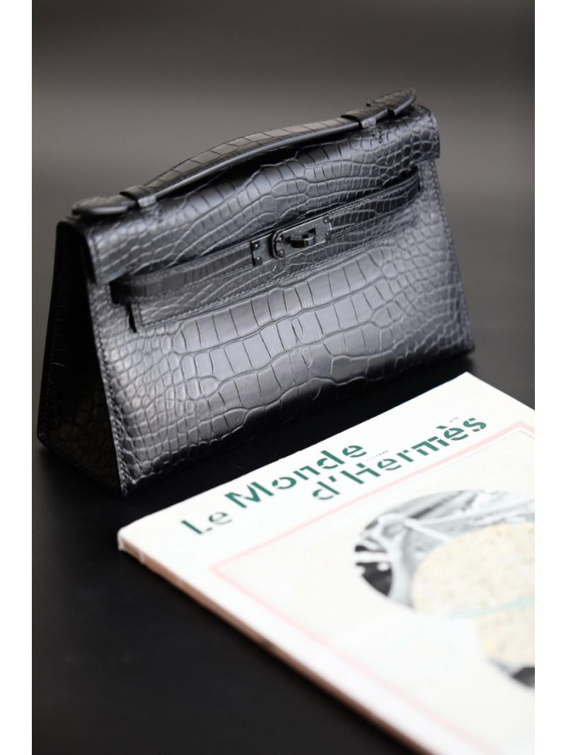Hermes Kelly Pochette Clutch Bag Matte Alligator All Black