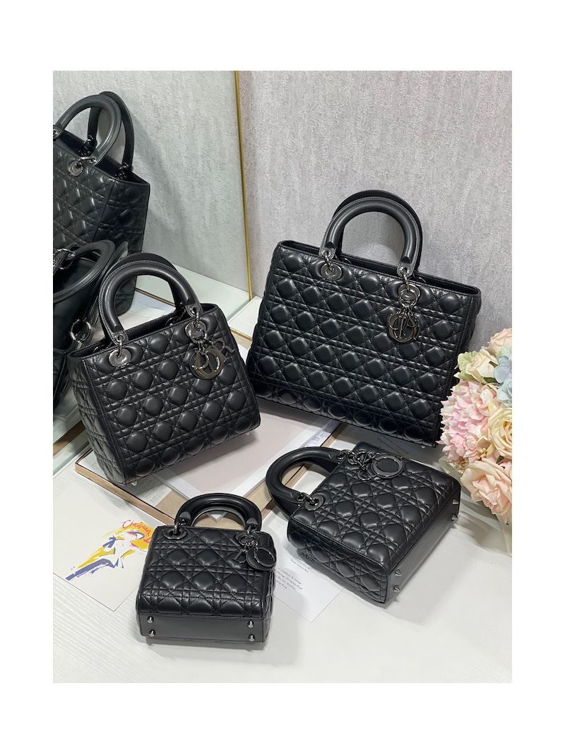 Dior Large Flap Cover Lady Dior Bag in All Black Lambskin Cannage with Ruthenium-Finish M0566