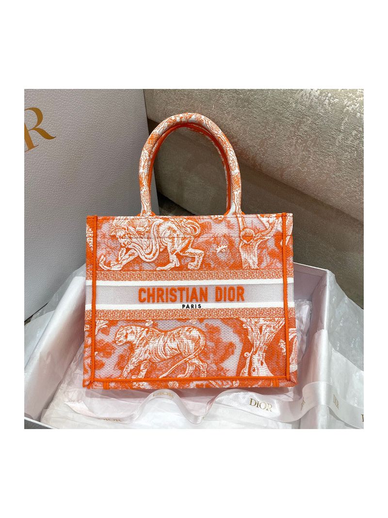 Dior Book Tote bag in Fluorescent Orange Toile de Jouy Transparent Canvas