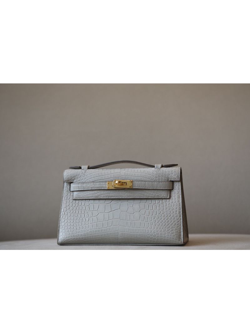 Hermes Kelly Pochette Clutch Bag Matte Alligator 8L Beton