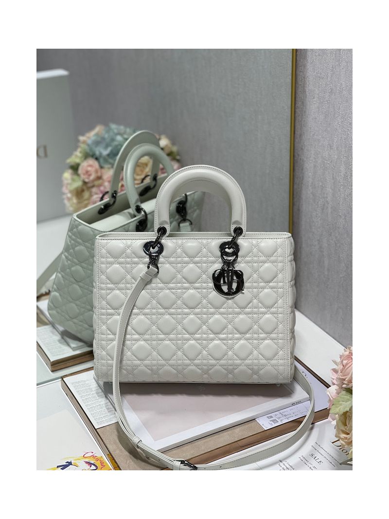 Dior Large Flap Cover Lady Dior Bag in Latte Lambskin Cannage with Ruthenium-Finish M0566