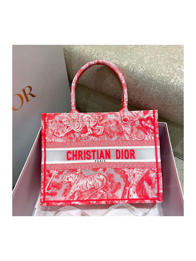 Dior Book Tote bag in Fluorescent Pink Toile de Jouy Transparent Canvas