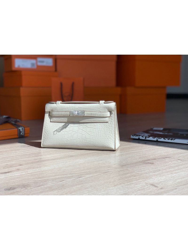 Hermes Kelly Pochette Clutch Bag Matte Alligator Craie