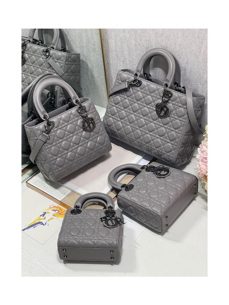 Dior Large Flap Cover Lady Dior Bag in Steel Grey Lambskin Cannage with Ruthenium-Finish M0566