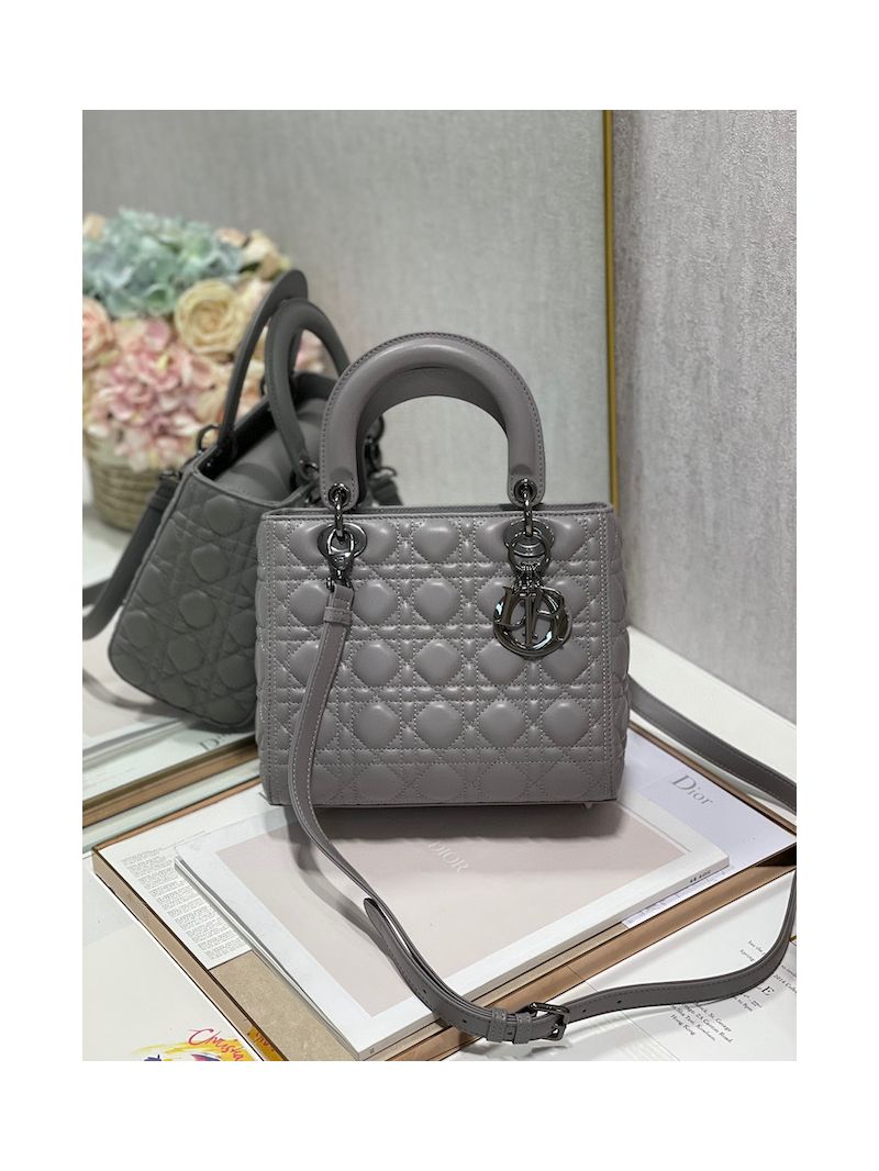 Dior Medium Lady Dior Steel Grey Lambskin Cannage with Ruthenium-Finish M0565