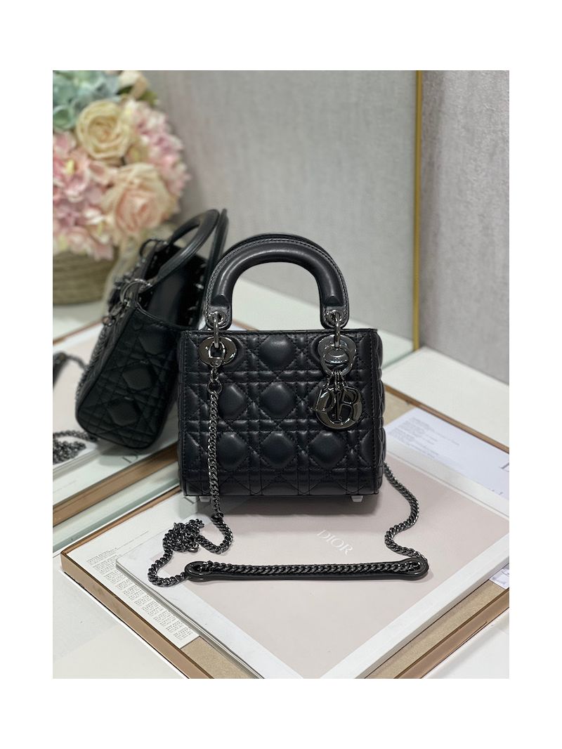 Dior Quilted Black Lambskin Leather Mini Lady Dior Bag with Ruthenium-Finish