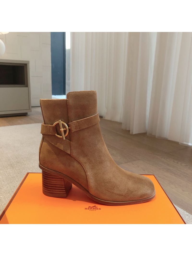 Hermes Jill 60 Ankle Boot With Glenan Buckle H242007Z Suede Calfskin Brown