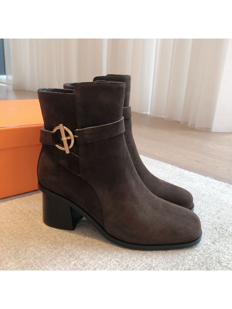 Hermes Jill 60 Ankle Boot With Glenan Buckle H242007Z Suede Calfskin Ecorce