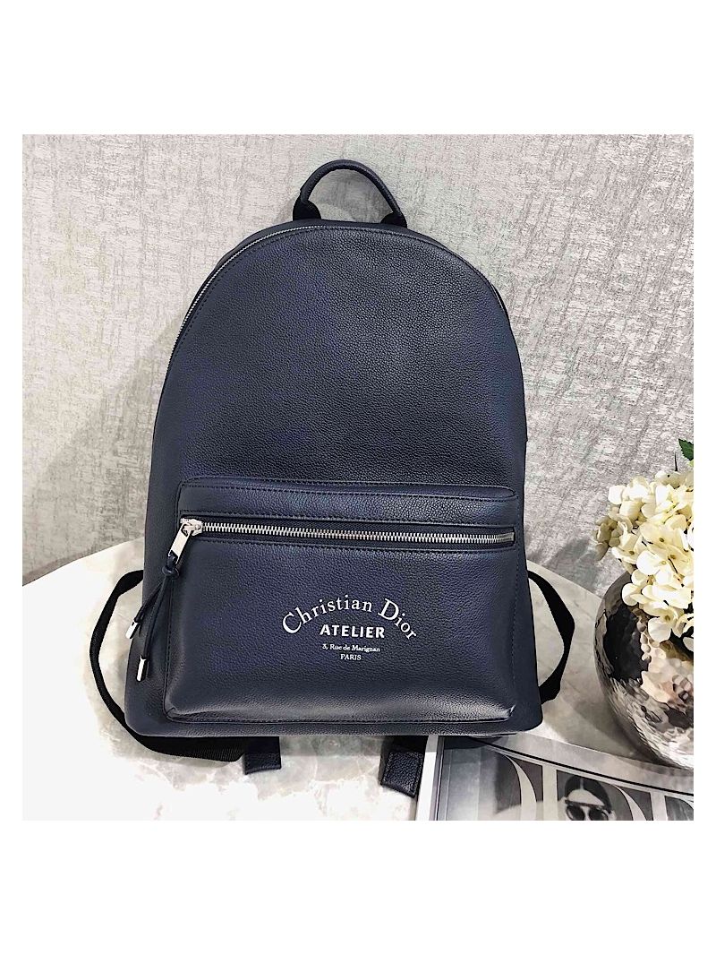 Dior Navy Blue Grained Calfskin Rucksack With "Atelier" Print