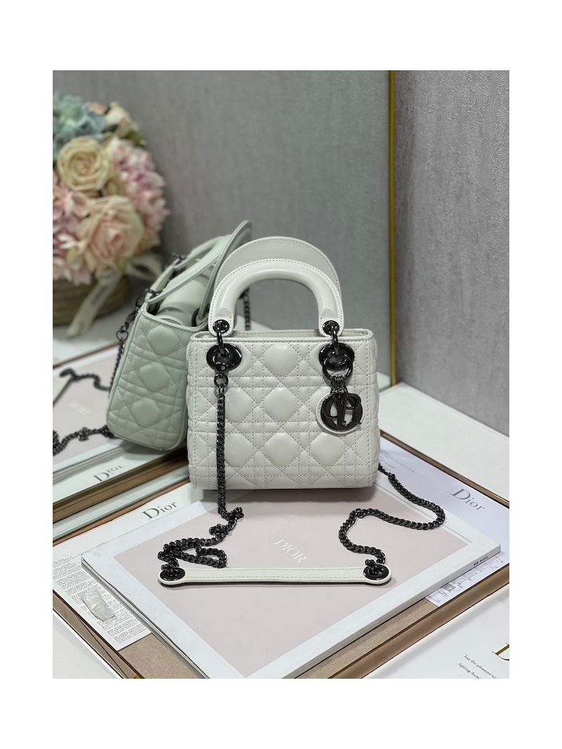 Dior Quilted Latte Lambskin Leather Mini Lady Dior Bag with Ruthenium-Finish