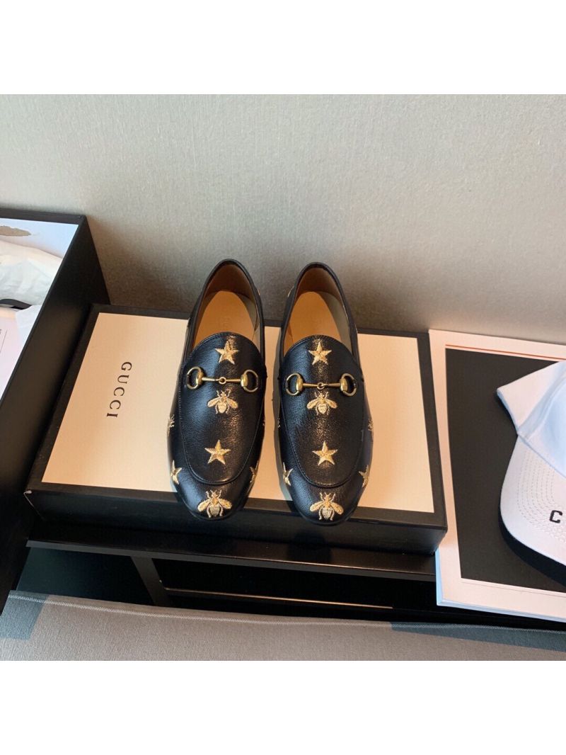 Gucci Jordaan Embroidered Leather Horsebit Loafer 505281 Black