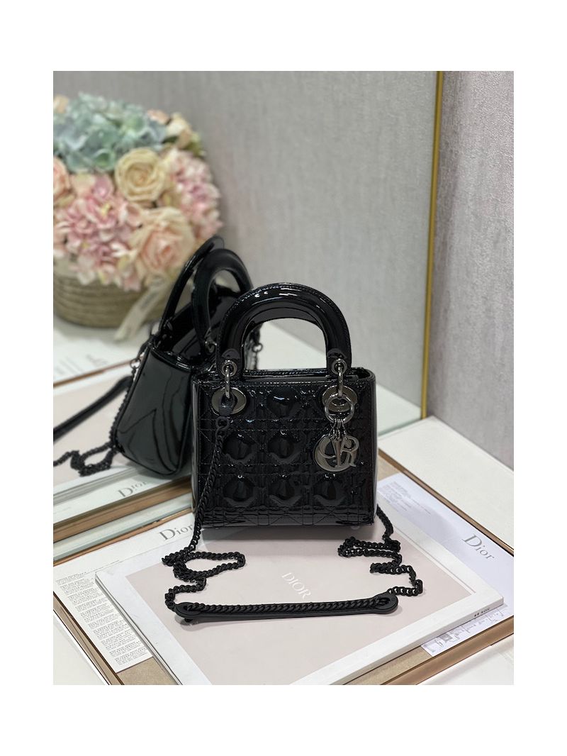 Dior Quilted Black Patent Calfskin Leather Mini Lady Dior Bag with Ruthenium-Finish