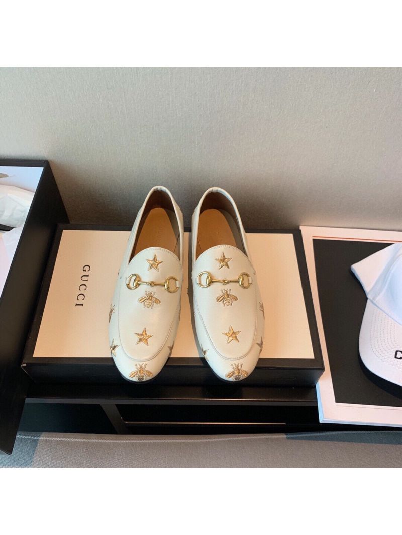 Gucci Jordaan Embroidered Leather Horsebit Loafer 505281 White