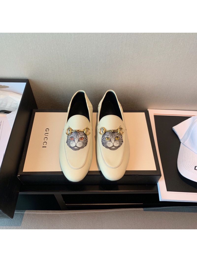 Gucci Leather Horsebit Loafer 414998 White with Kitty Print