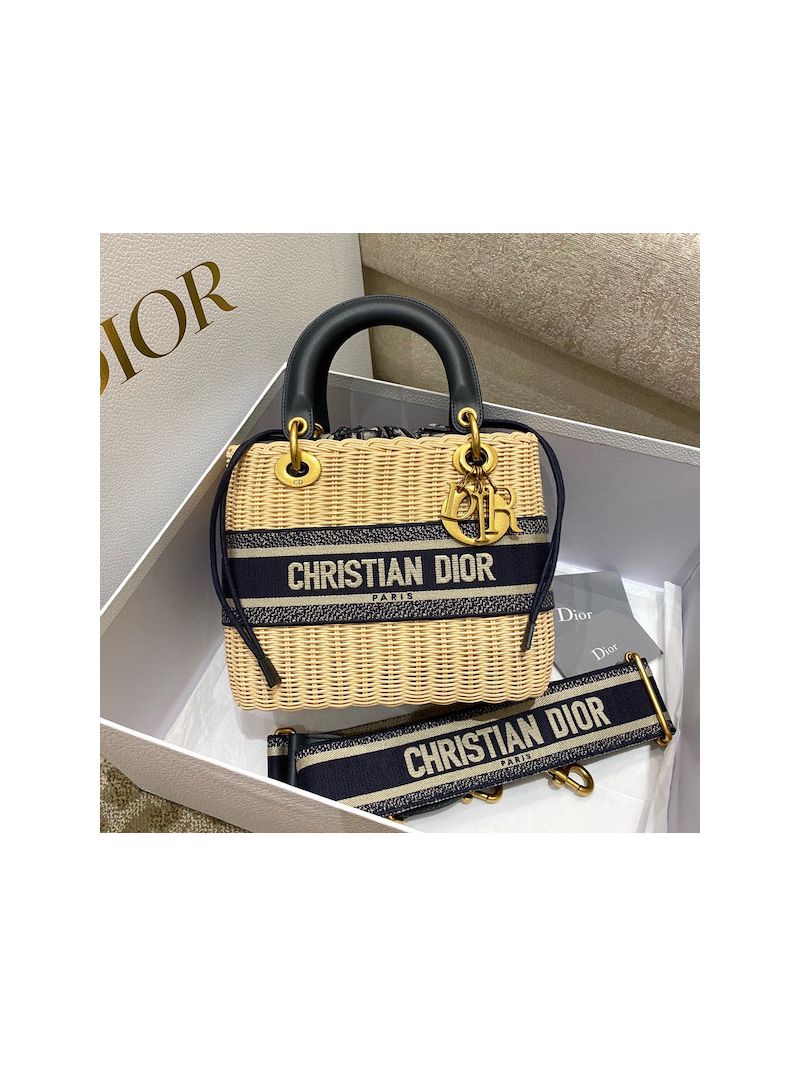 Lady Dior Medium Bag Natural Wicker and Blue Dior Oblique Jacquard M0565C