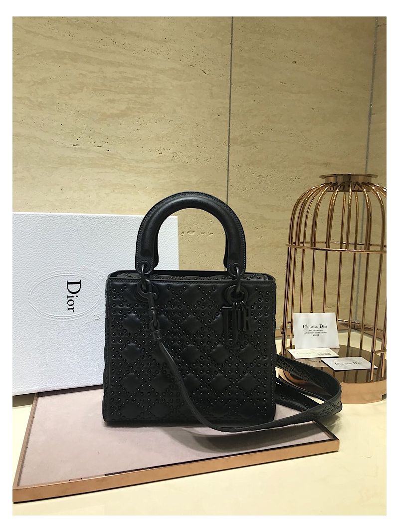 Dior Supple Lady Dior Bag Black Studded In Black Calfskin