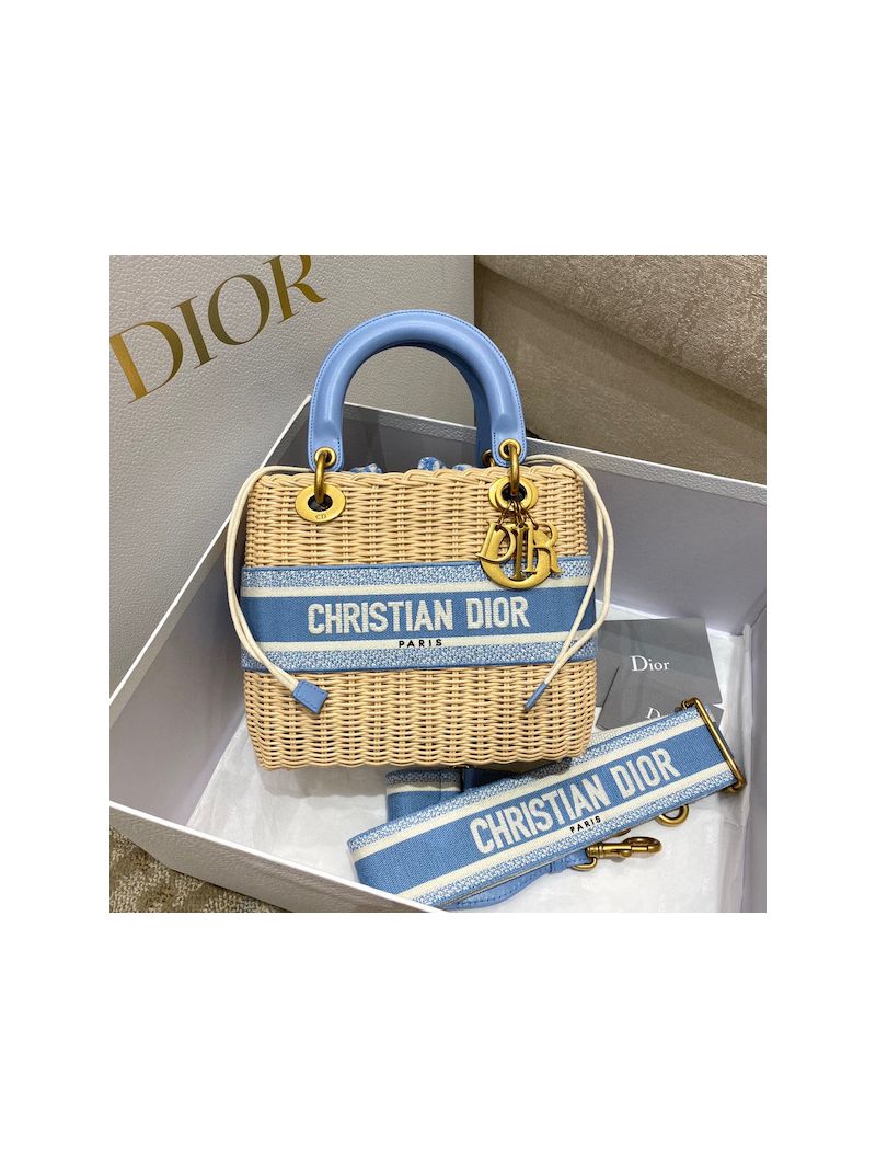 Lady Dior Medium Bag Natural Wicker and Cornflower Blue Dior Oblique Jacquard M0565C