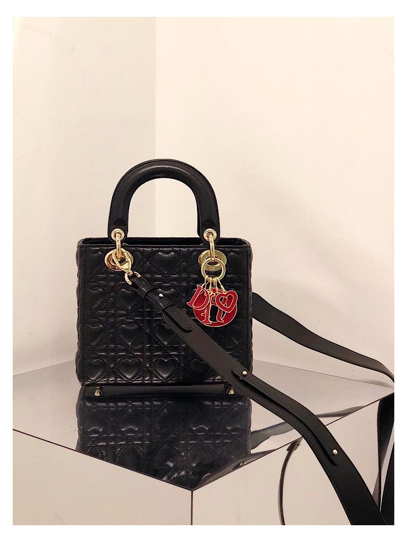 Lady Dior Dioramour My ABCdior Bag Black Cannage Lambskin with Heart Motif M0538 (LIMITED)