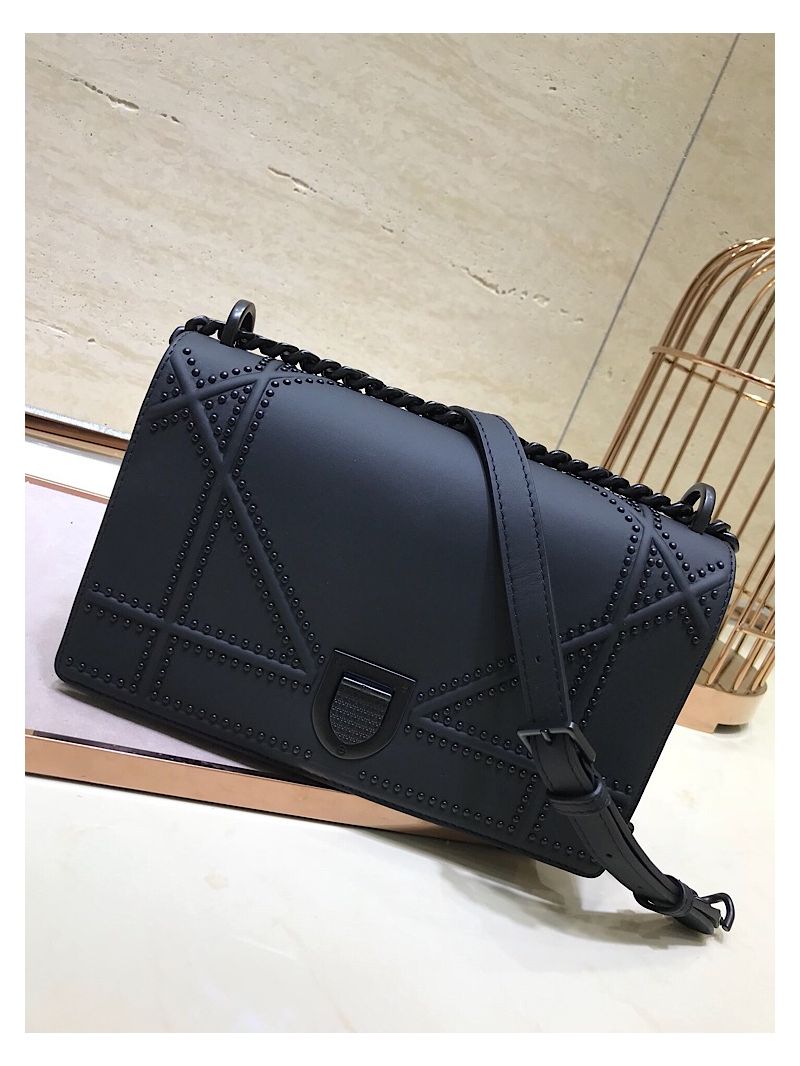 Dior Diorama Bag In Black Calfskin with Black Studded
