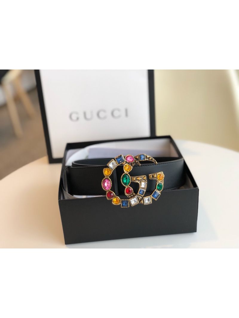 Gucci Black Leather belt with Multicolour Crystals Embellished Double G 453260