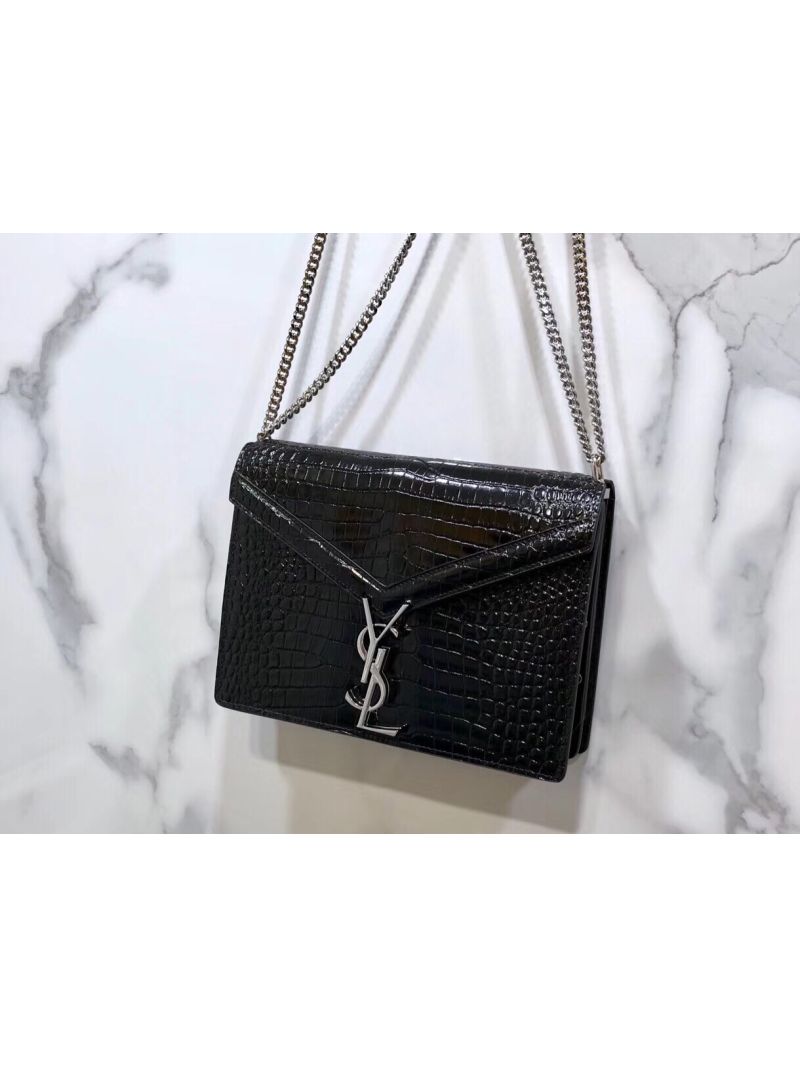 YSL Saint Laurent Cassandra Monogram Clasp Bag In Crocodile Embossed Shiny Leather Black