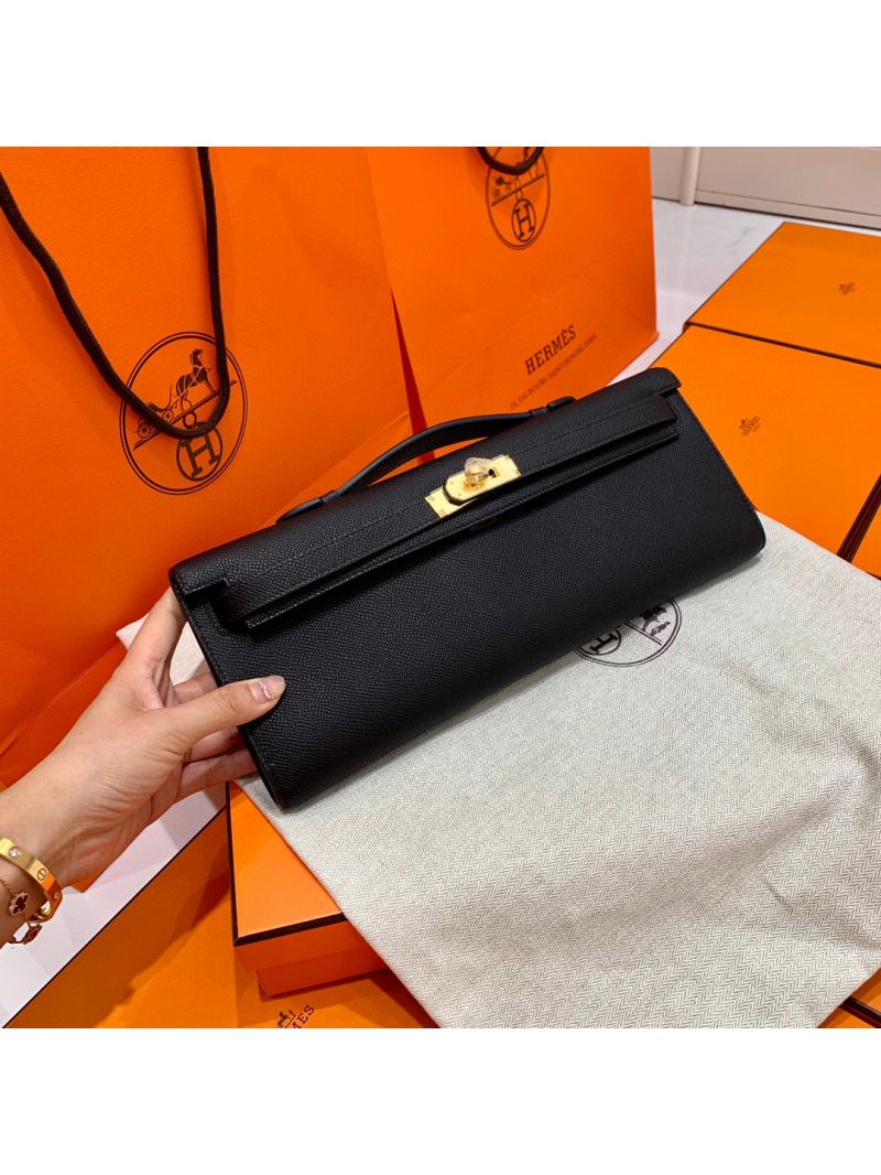 Hermes Epsom Kelly Cut Clutch Pochette Black
