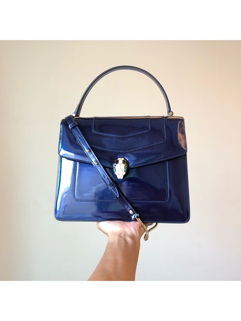 Bvlgari Serpenti Forever Flap Cover Bag in Metallic Cobalt Blue with Handle 39792