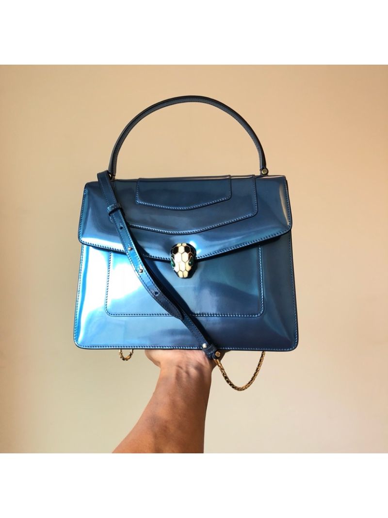 Bvlgari Serpenti Forever Flap Cover Bag in Metallic Blue with Handle 39792