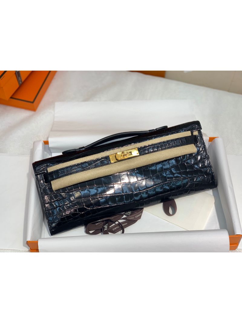Replica Hermes Shiny Alligator Kelly Cut Clutch Pochette