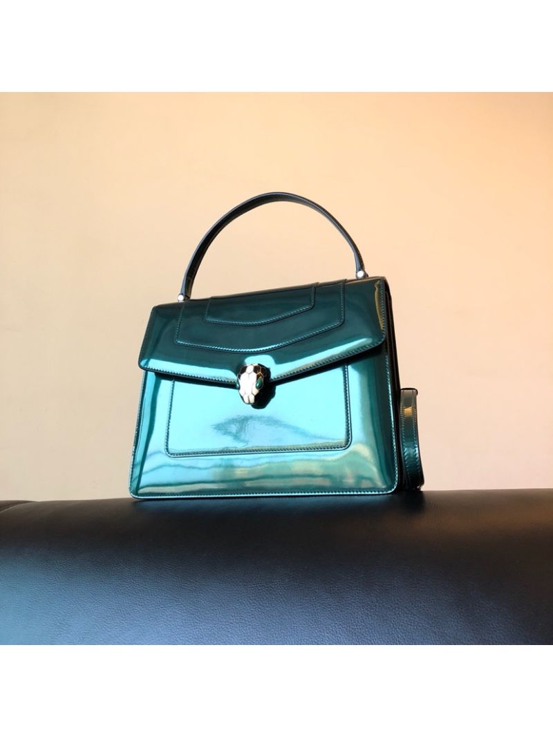 Bvlgari Serpenti Forever Flap Cover Bag in Metallic Green with Handle 39792