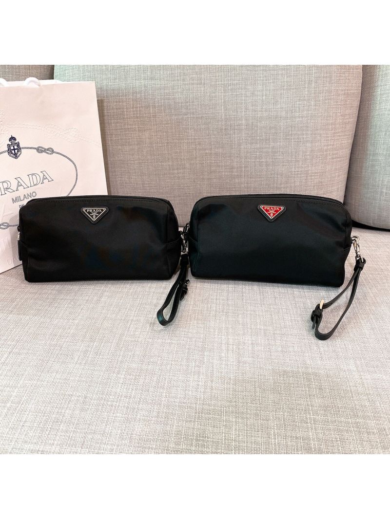 Prada Fabric Cosmetic Pouch 1NE693 Black w Red Logo