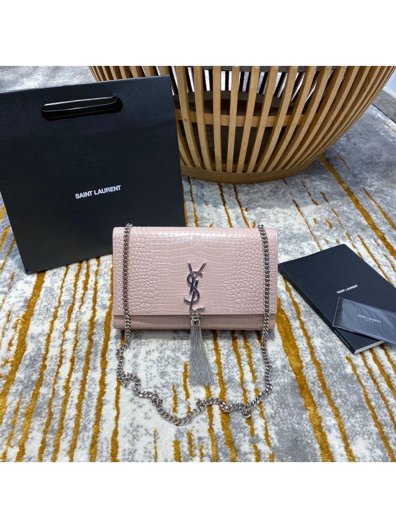 YSL Classic Medium Kate Monogram Saint Laurent Tassel Satchel In Pink Crocodile Embossed Shiny Leather 354119