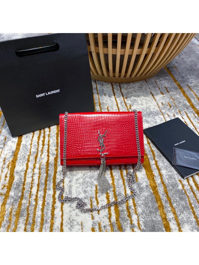 YSL Classic Medium Kate Monogram Saint Laurent Tassel Satchel In Red Crocodile Embossed Shiny Leather 354119
