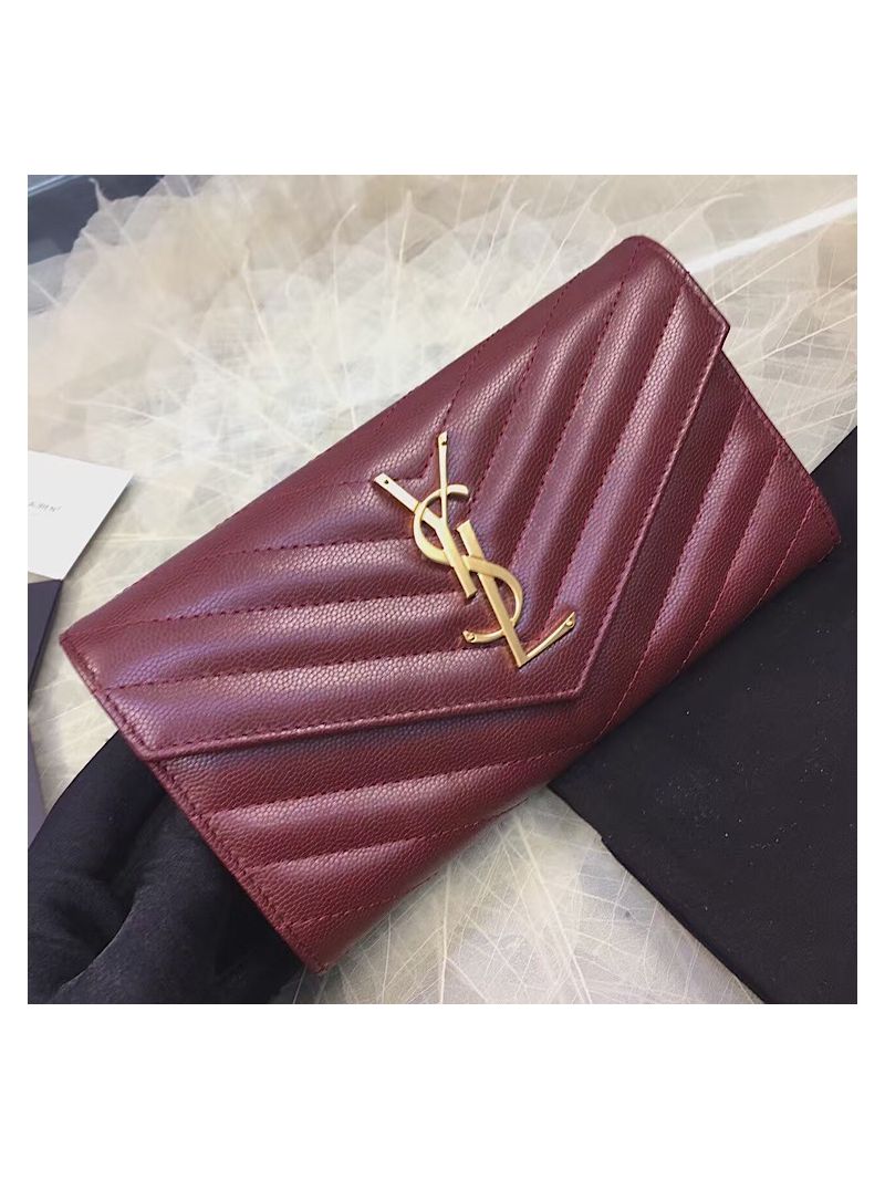 YSL Saint Laurent Flap Wallet Textured Matelassé Leather 372264 Dark Red