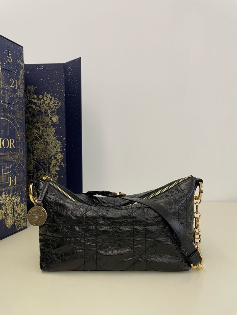 Dior Diorstar Hobo Bag with Chain Black Macrocannage Crinkled Calfskin S3202U