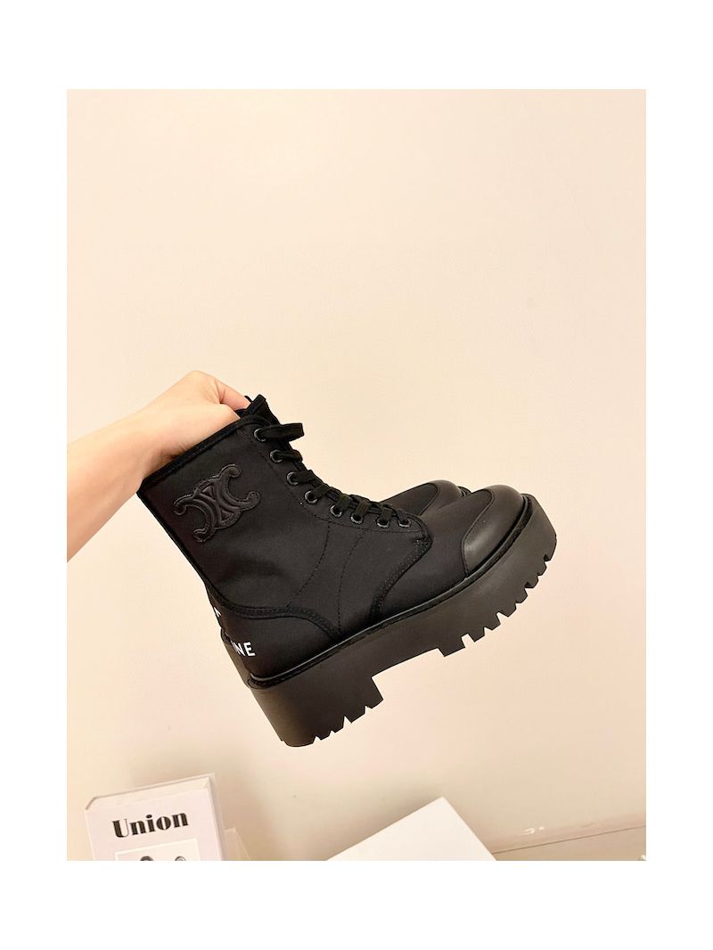 Celine Bulky Laced Up Boot In Nylon And Shiny Bull