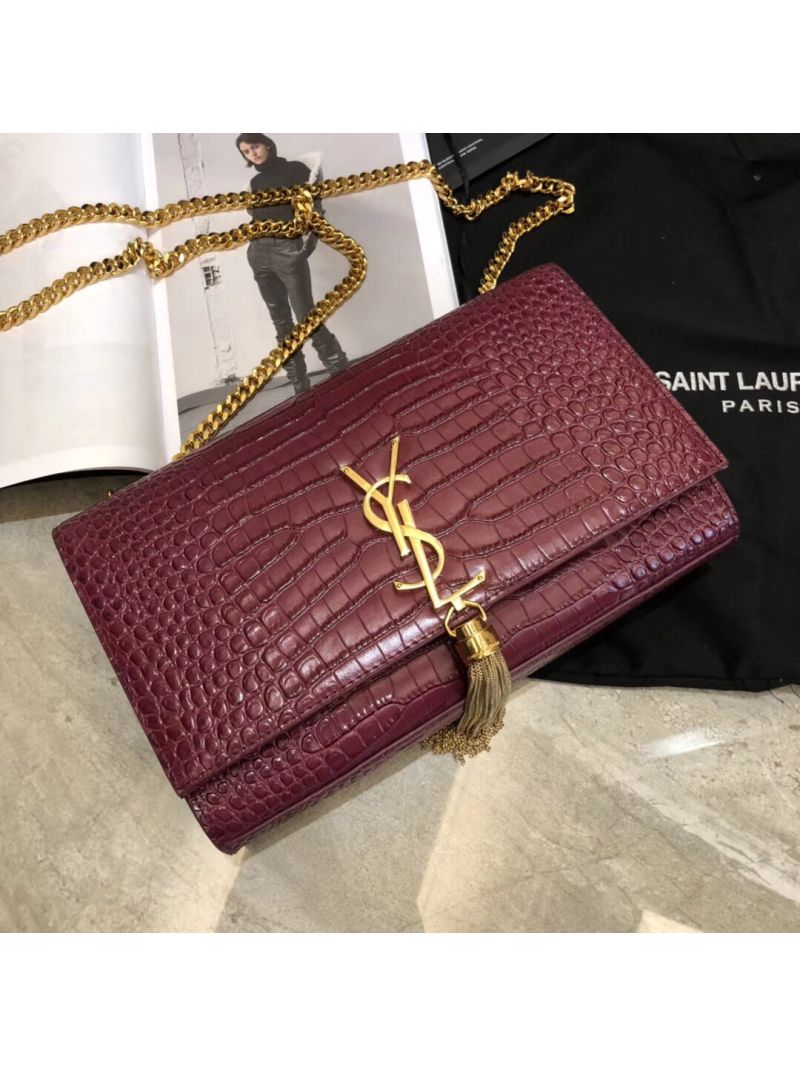 YSL Classic Medium Kate Monogram Saint Laurent Tassel Satchel In Dark Red Crocodile Embossed Shiny Leather 354119 in gold hardware