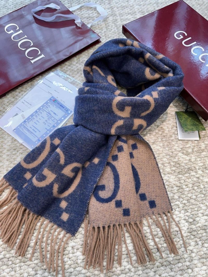 Gucci GG Cashmere Jacquard Scarf 674275 Blue Camel