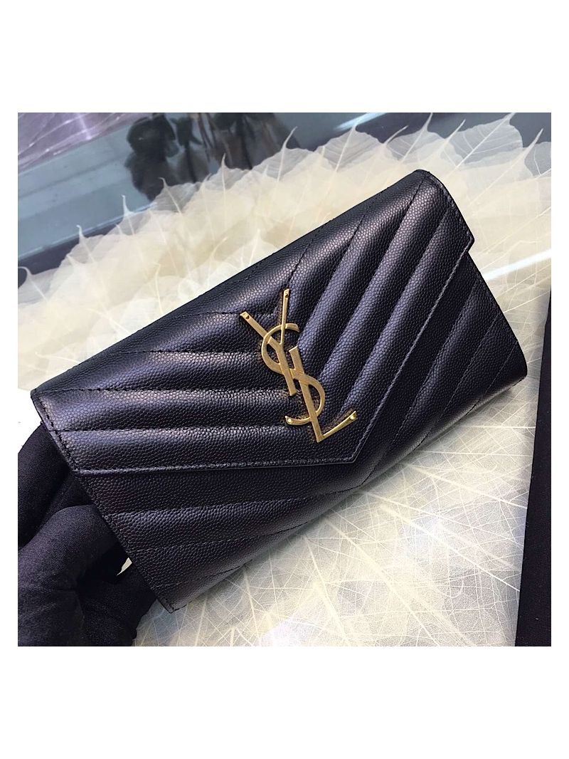 YSL Saint Laurent Flap Wallet Textured Matelassé Leather 372264 Black