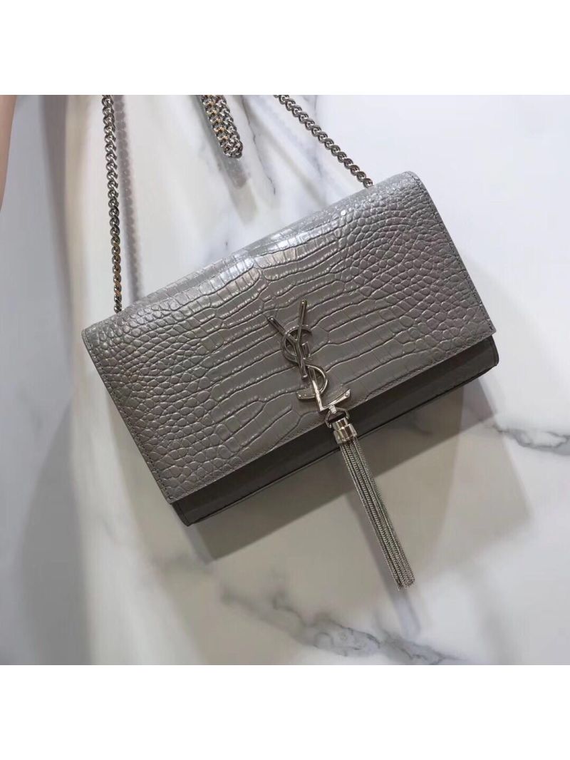 YSL Classic Medium Kate Monogram Saint Laurent Tassel Satchel In Grey Crocodile Embossed Shiny Leather 354119