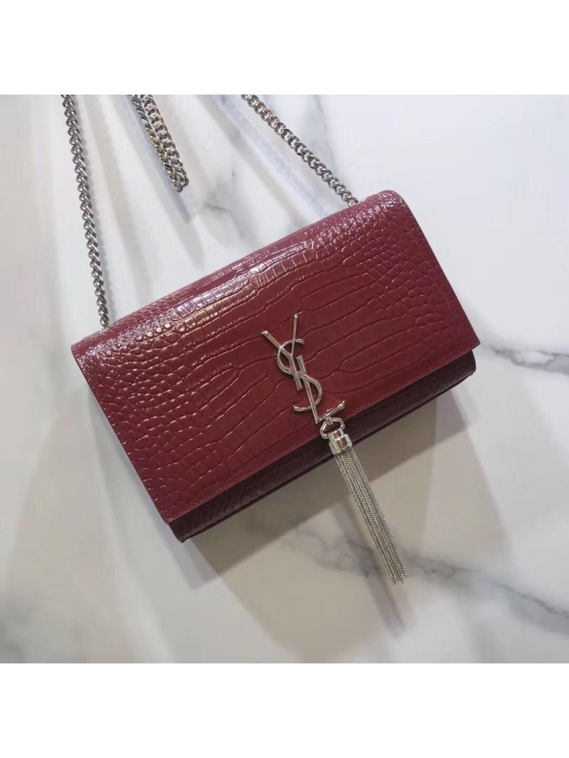 YSL Classic Medium Kate Monogram Saint Laurent Tassel Satchel In Dark Red Crocodile Embossed Shiny Leather 354119
