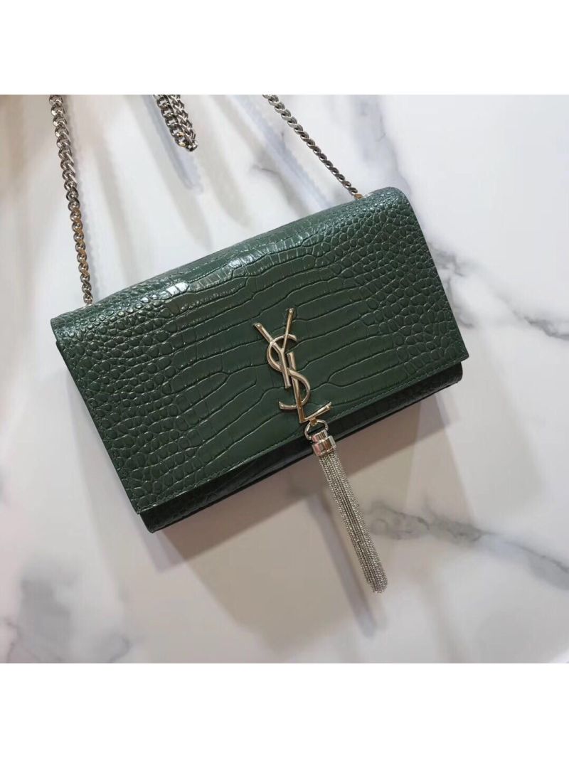 YSL Classic Medium Kate Monogram Saint Laurent Tassel Satchel In Green Crocodile Embossed Shiny Leather 354119 in Silver hardware