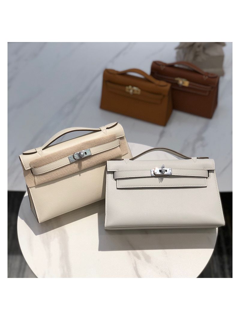 Hermes Mini Kelly Pochette Clutch Bag in Swift Leather 8O Gris Perle