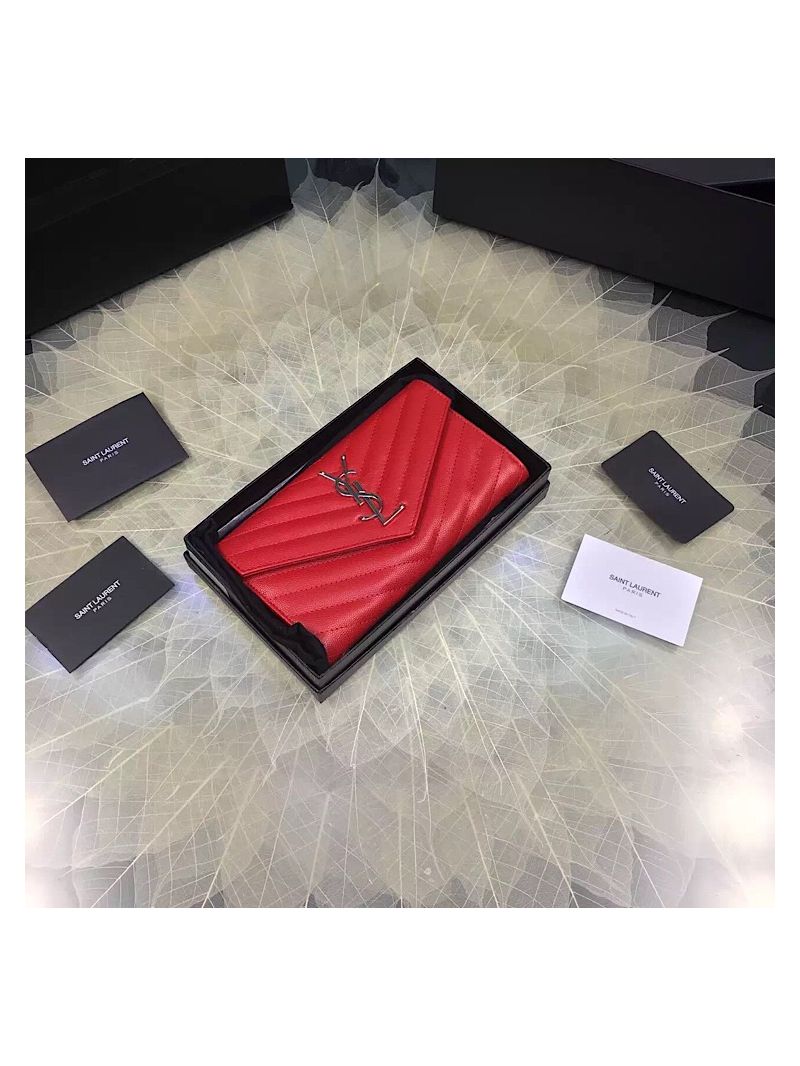 YSL Saint Laurent Flap Wallet Textured Matelassé Leather 372264 Red