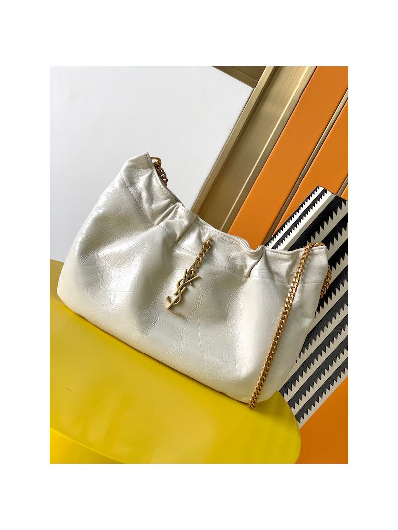 YSL Saint Laurent PacPac Ruched Leather Hobo Bag 681632 White