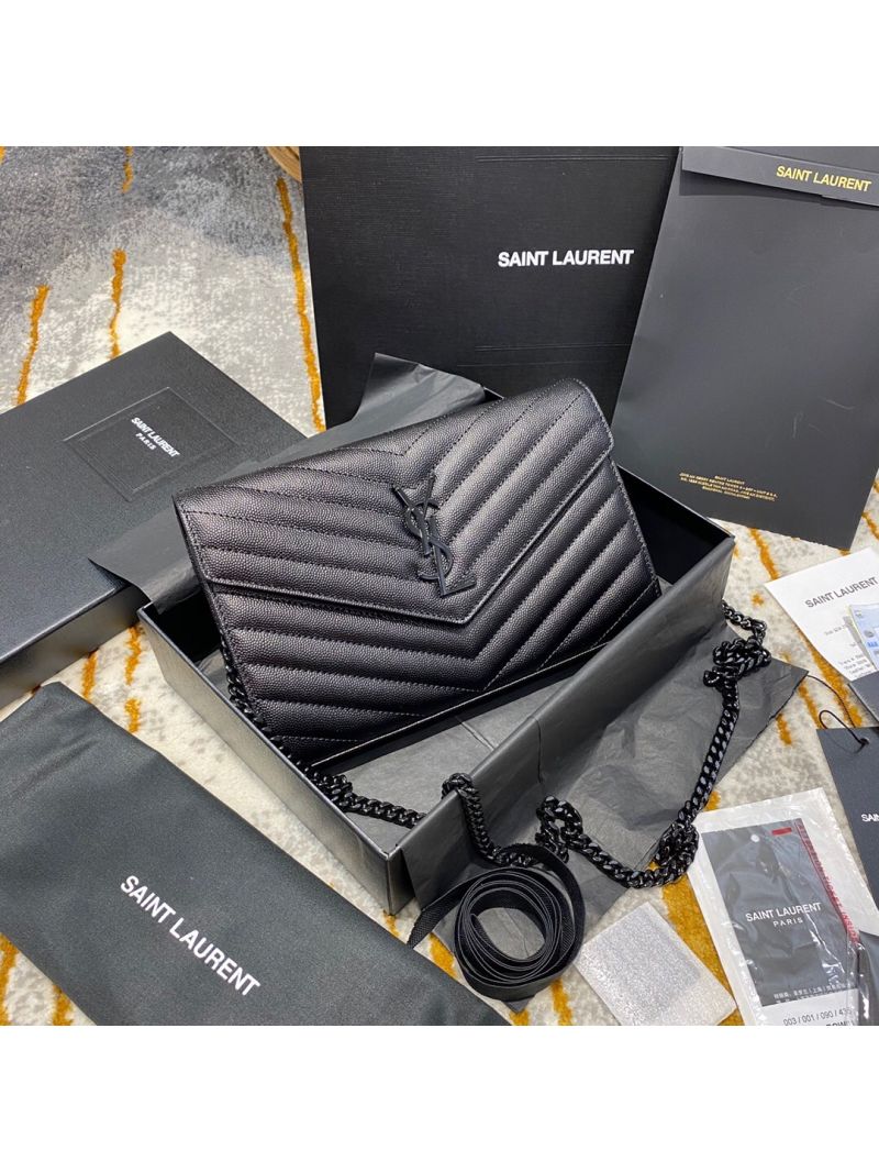 YSL Saint Laurent Monogram Chain Wallet Grain De Poudre Black in Black Hardware