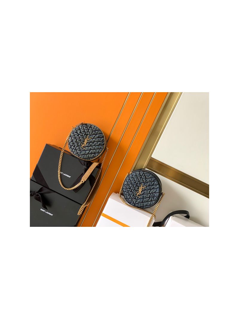 YSL Saint Laurent Vinyle Round Camera Bag In Chevron-quilted Denim And Suede 6104362