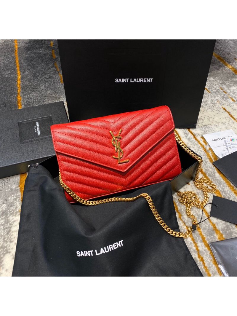YSL Saint Laurent Monogram Chain Wallet Grain De Poudre Textured Matelasse Leather Red