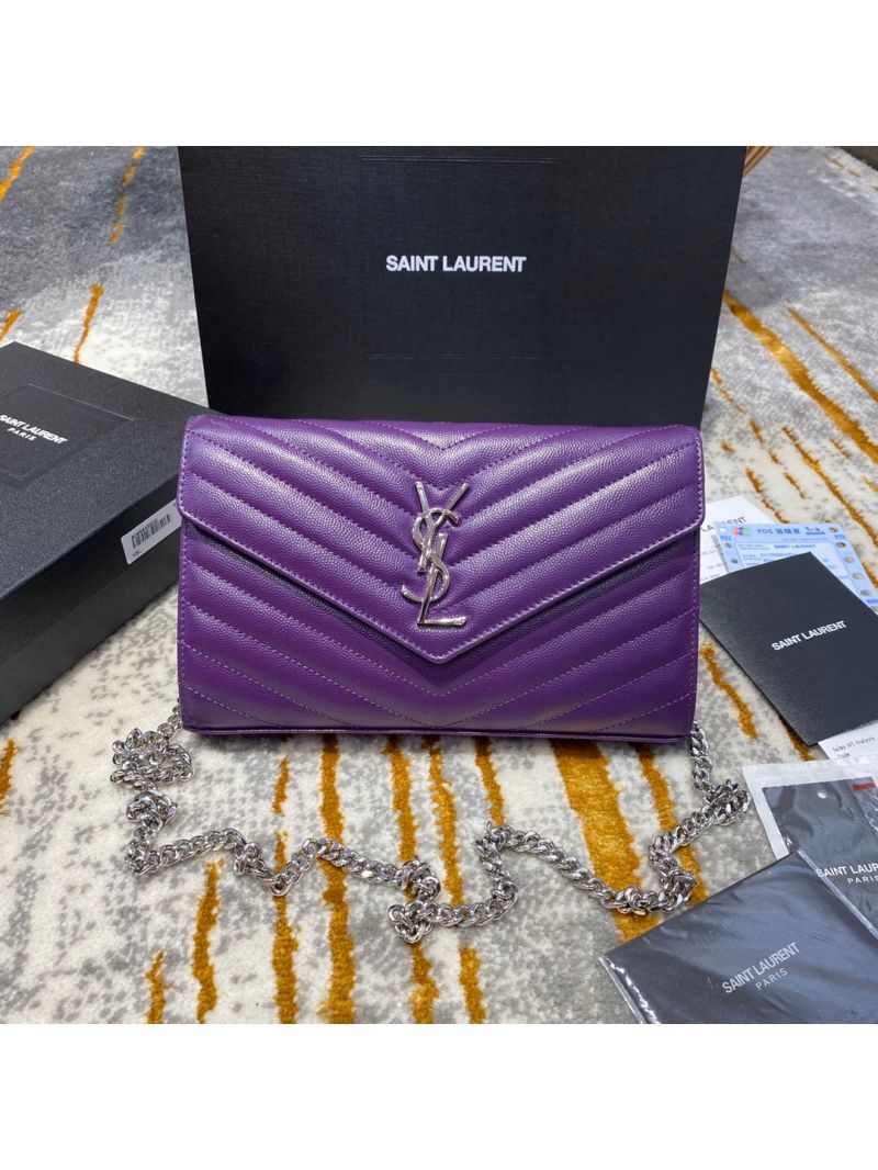YSL Saint Laurent Monogram Chain Wallet Grain De Poudre Textured Matelasse Leather Purple 